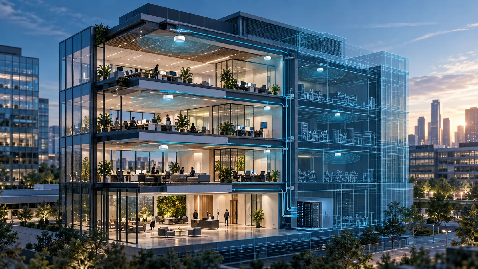 Concept illustration of indoor cellular coverage and a building digital twin