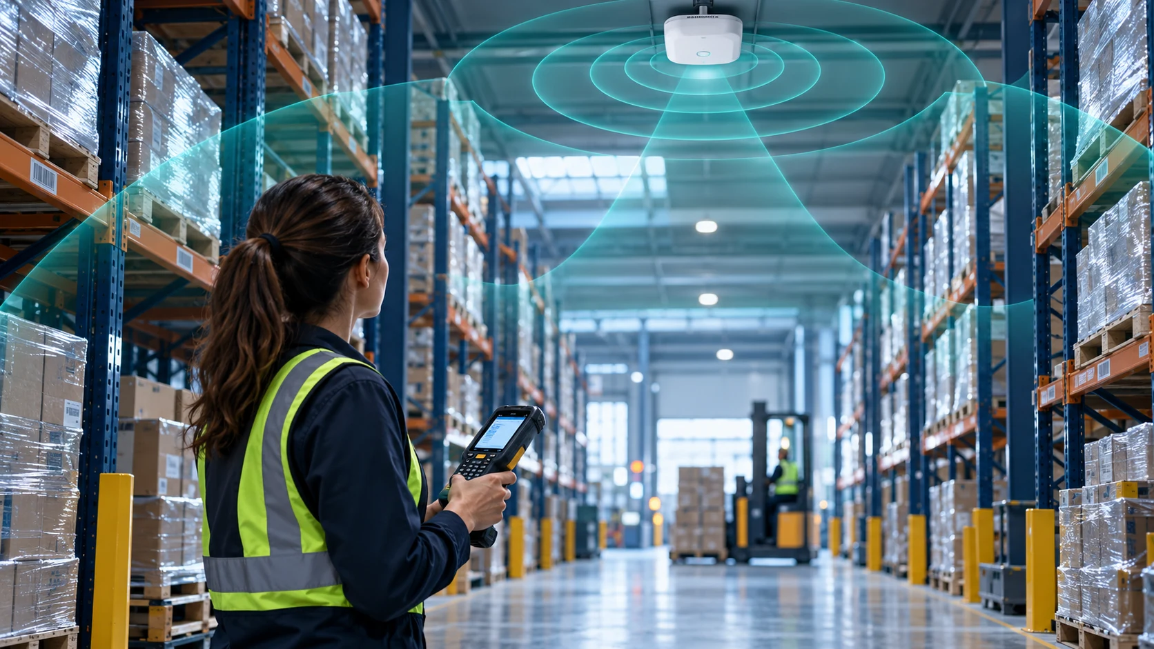 Concept illustration of warehouse Wi-Fi and handheld device experience