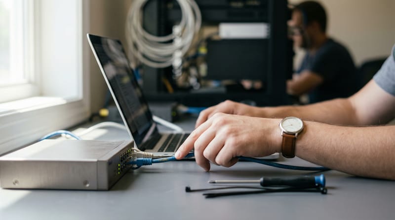 Network engineer configuring connected infrastructure