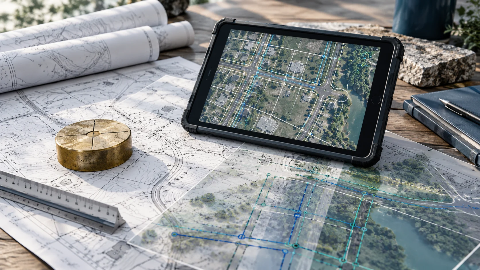 Concept image of mapped asset records and a survey tablet aligned with engineering plans